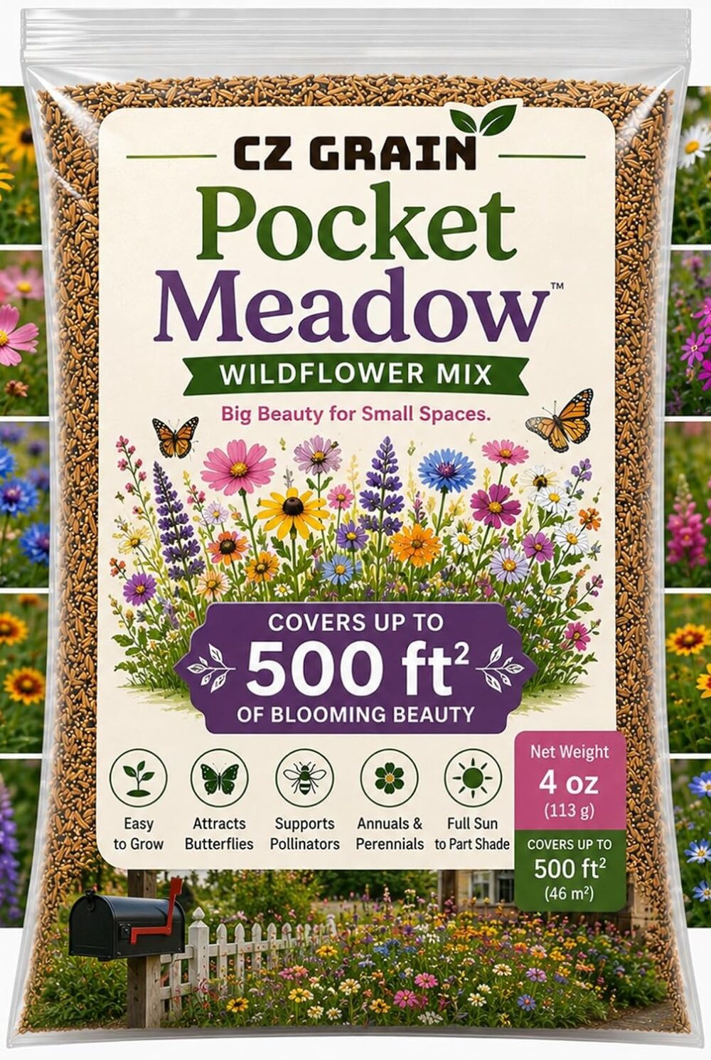 Pocket Meadow Wildflower Seeds Mix | 4 oz Bulk Meadow Flower Seed Blend | Pollinator Friendly | Covers Large Areas | Annual & Perennial Mix | Easy to Grow | 4 oz Bulk Seeds