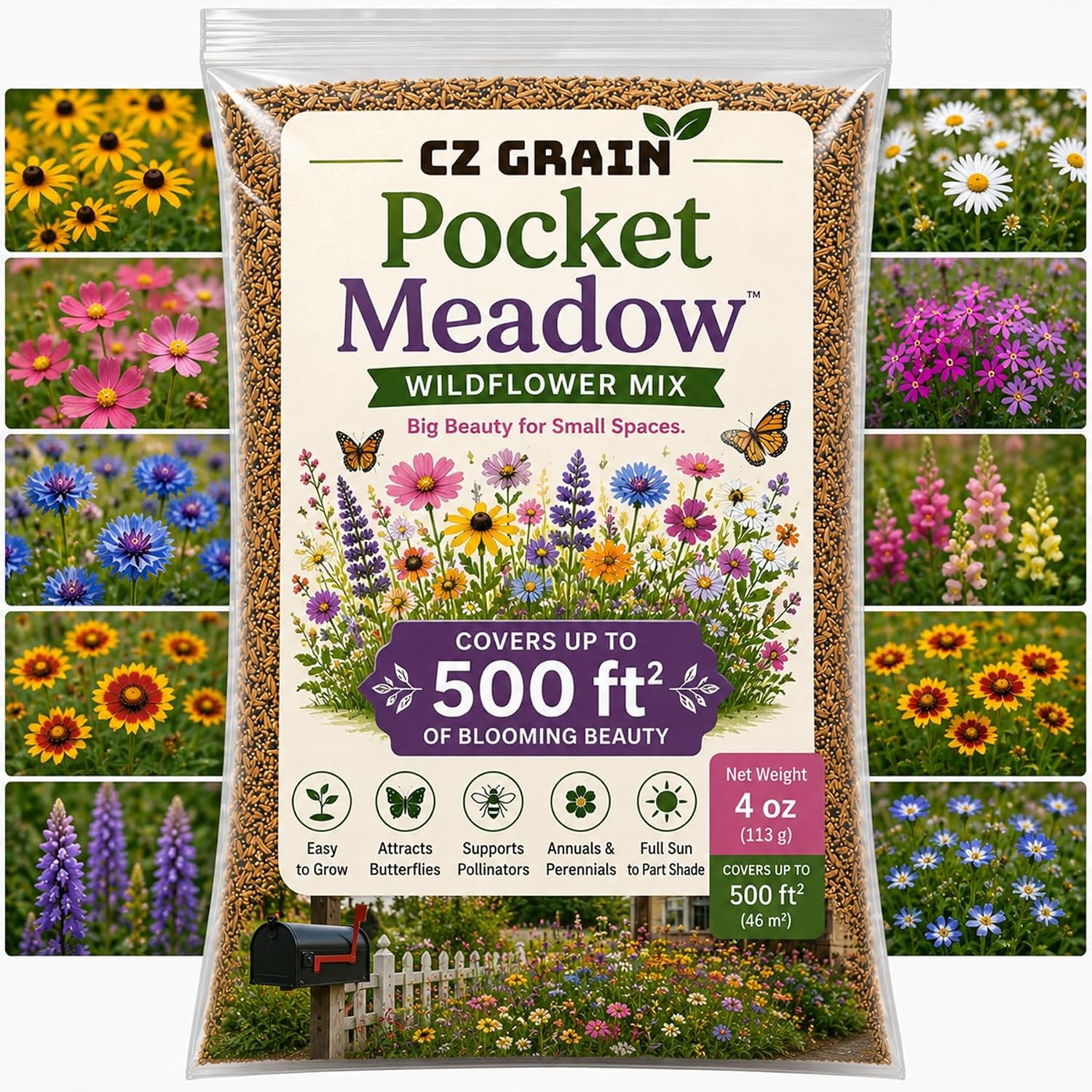 Pocket Meadow Wildflower Seeds Mix | 4 oz Bulk Meadow Flower Seed Blend | Pollinator Friendly | Covers Large Areas | Annual & Perennial Mix | Easy to Grow | 4 oz Bulk Seeds