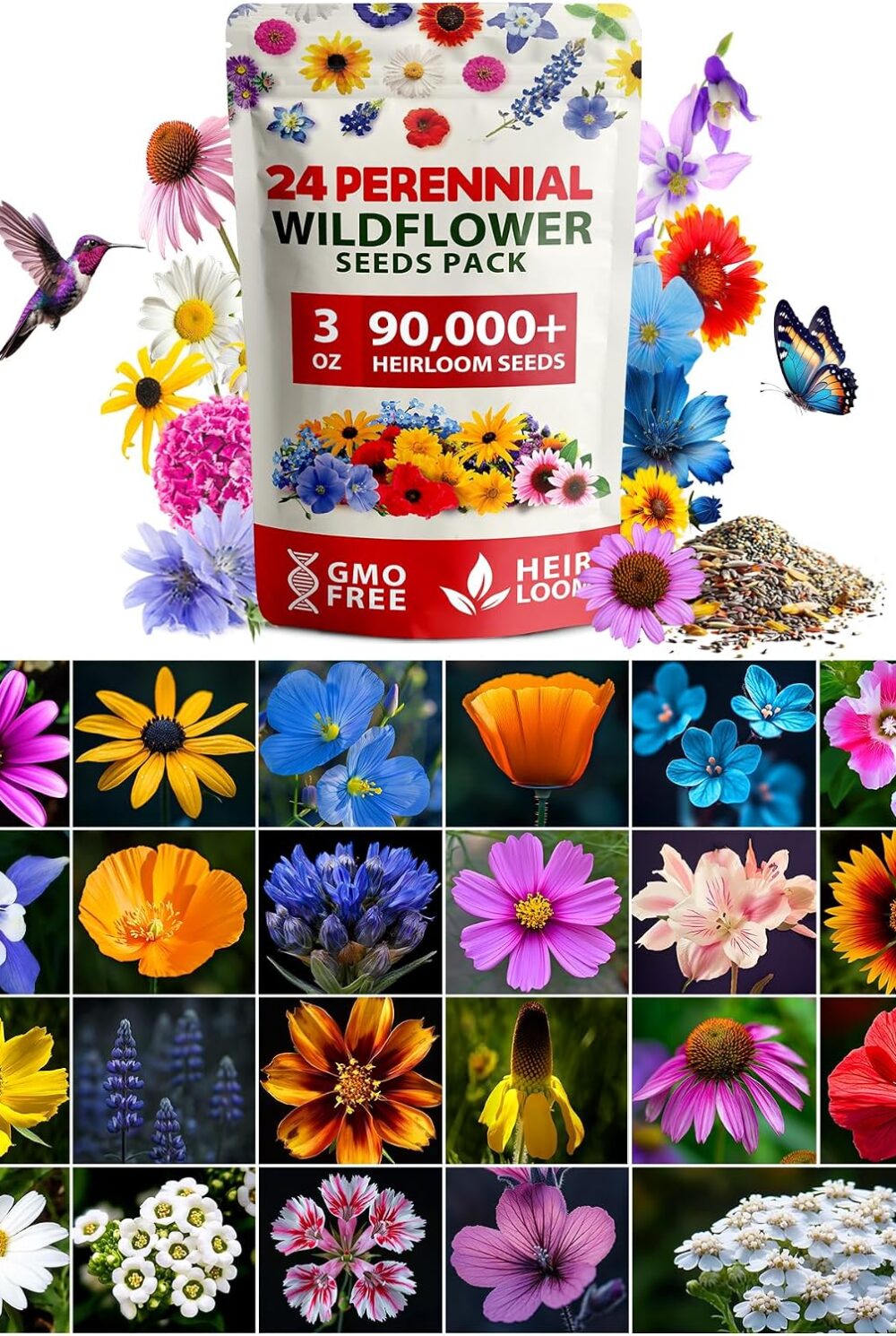 HOME GROWN Wildflower Seeds Bulk Mix | 90,000+ Non-GMO Perennial Flower Seed for Outdoor Planting | 24 Varieties to Attract Bees, Birds & Hummingbirds | Butterfly Garden | 3 oz