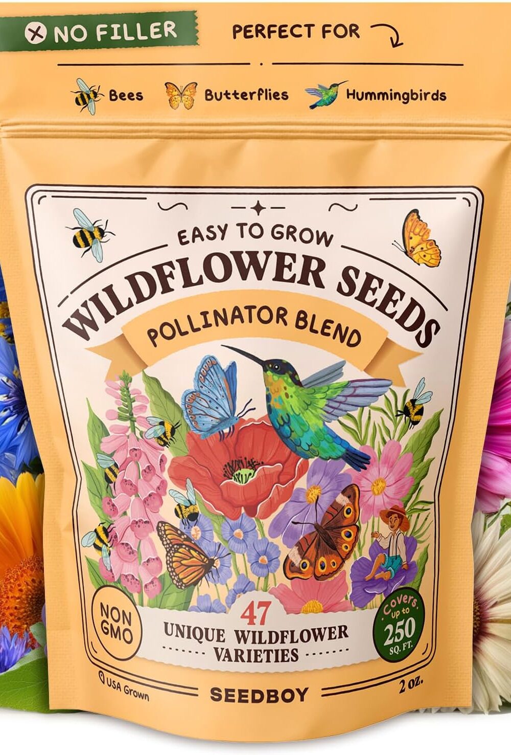 Seedboy Non-GMO Wildflower Seeds for Pollinators Bees Butterflies (2oz) | 40,000+ Seeds, 47 Annual and Perennial Varieties; Attracts Hummingbirds; Bulk Scatter Mix for Meadows