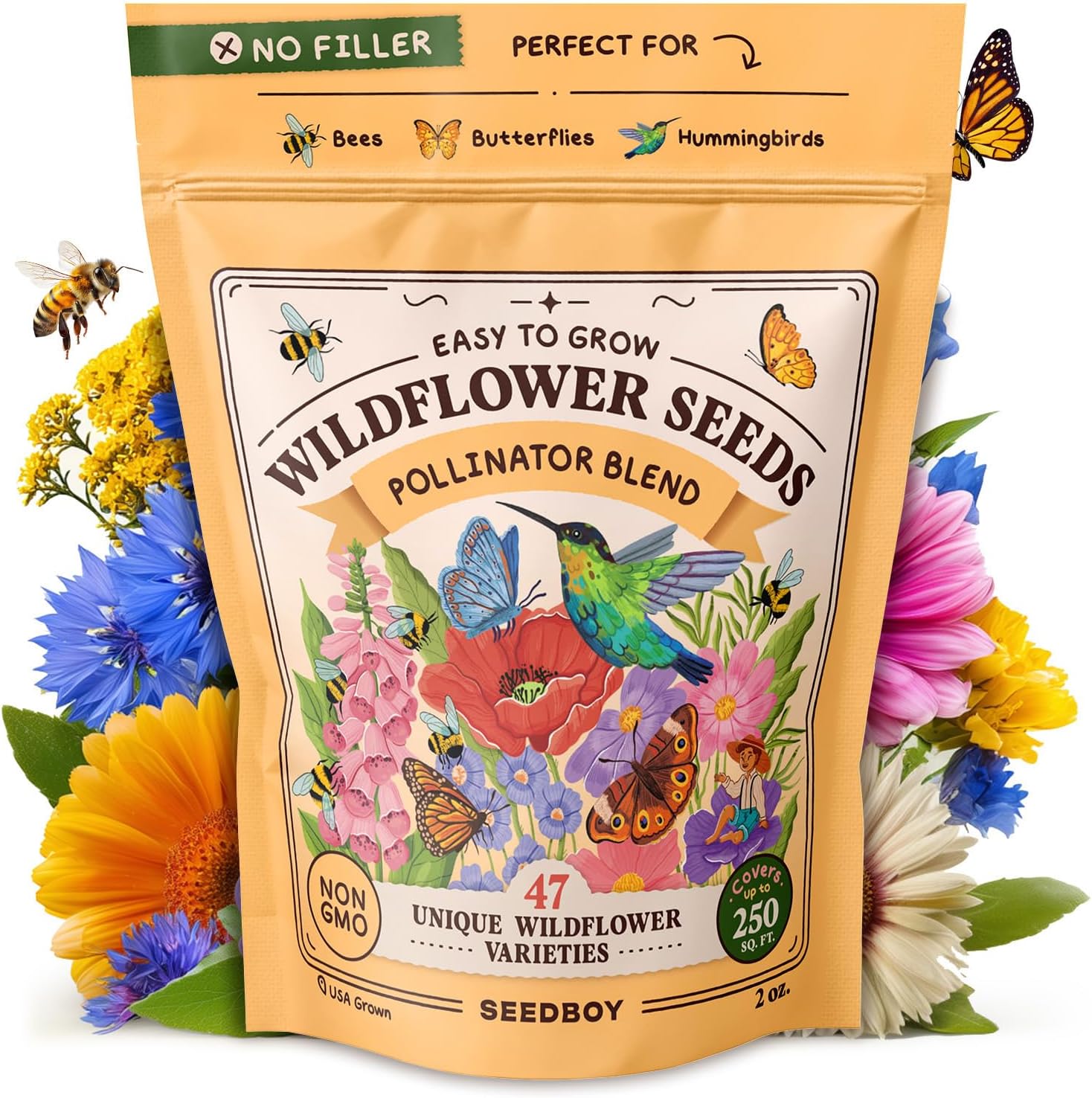 Seedboy Non-GMO Wildflower Seeds for Pollinators Bees Butterflies (2oz) | 40,000+ Seeds, 47 Annual and Perennial Varieties; Attracts Hummingbirds; Bulk Scatter Mix for Meadows