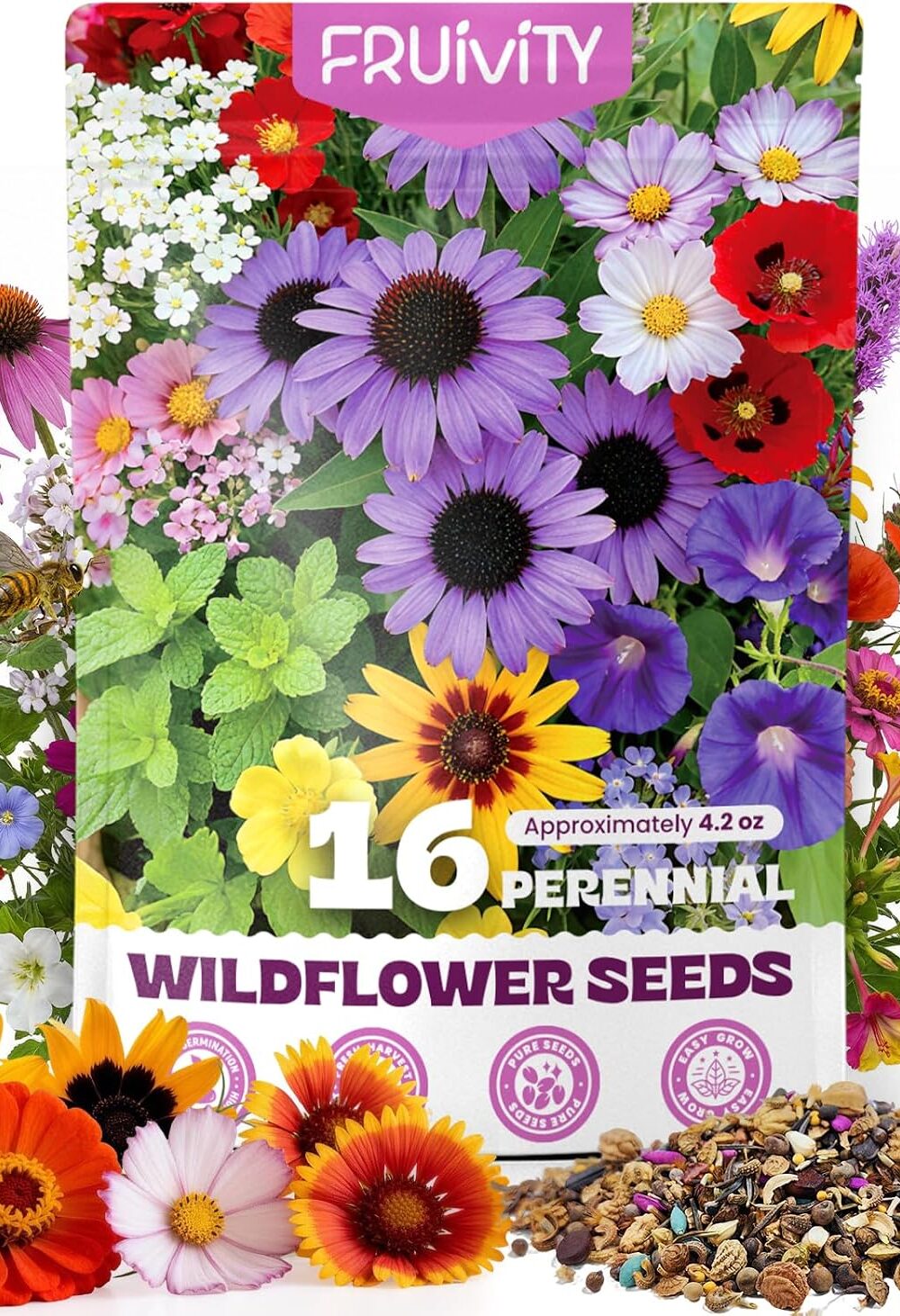 200,000+ Wildflower Seeds Bulk (4oz) – 16 Varieties Perennial & Annual Mix, Attract Bees, Butterflies & Hummingbirds, High Germination for Outdoor Pollinator Garden, Unique Gift for Mother, Women, Mom